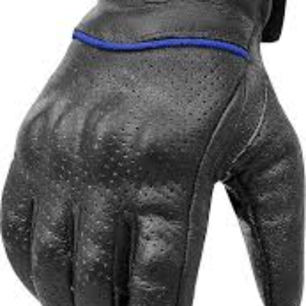 Vegas Black Leather Motorcycle Gloves – Blue Trim – XL